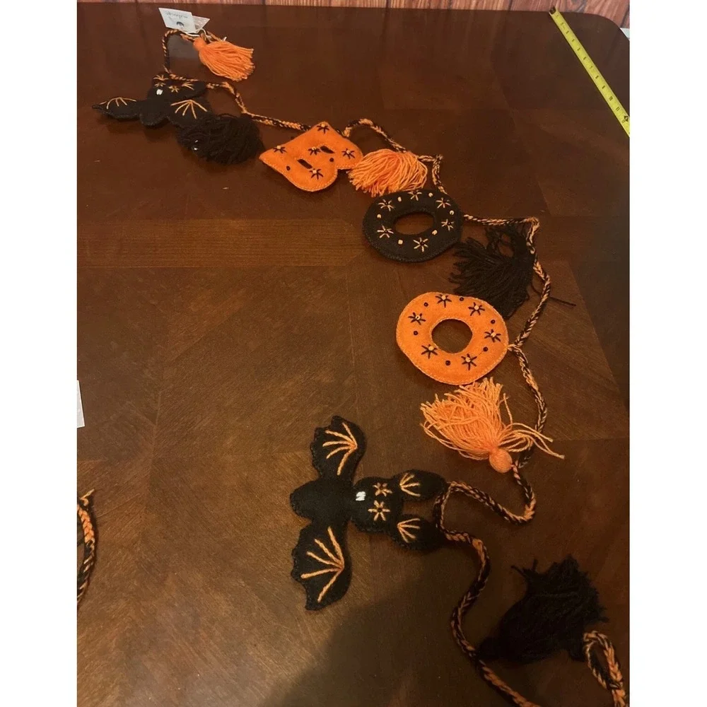 Melange Collection Handmade Wool Halloween Boo Bat Garland Orange Black Peru